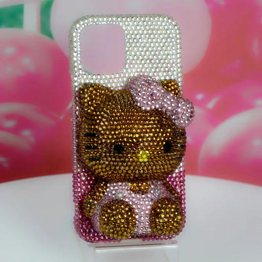 Kawaii Mobile Phone Case Hello Kitty Sanrio Handmade Diamond for Iphone17 16 15 14 Cute Rhinestones Anime Anti-Fall Girls Gift